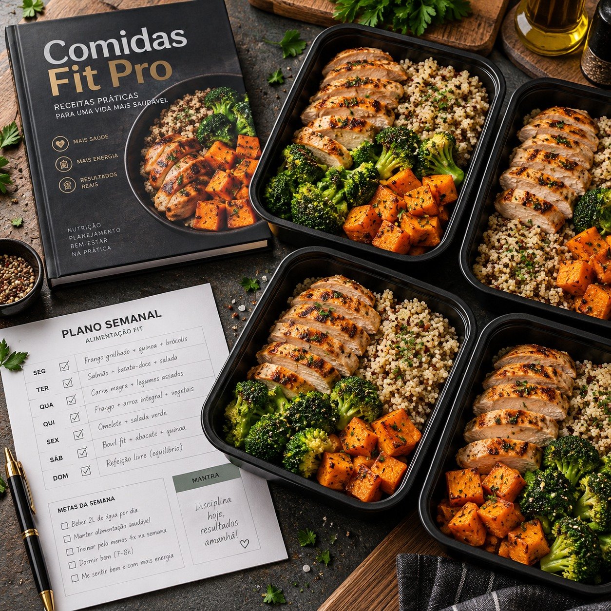 Presentación de Comidas Fit Pro con el libro, viandas saludables preparadas y un planificador semanal impreso